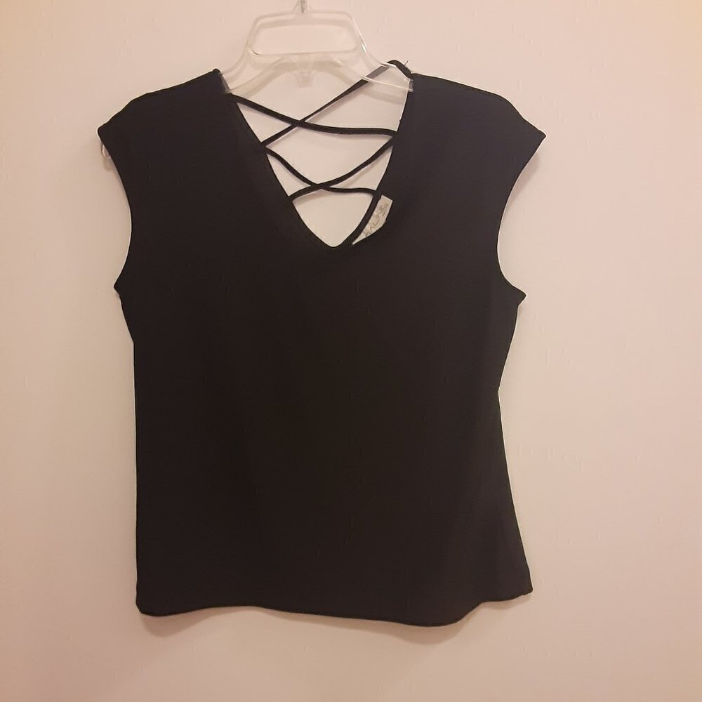Emaline Petite M Navy Blue Sleeveless Top w/V-Neck & Laced V-Neck Back
